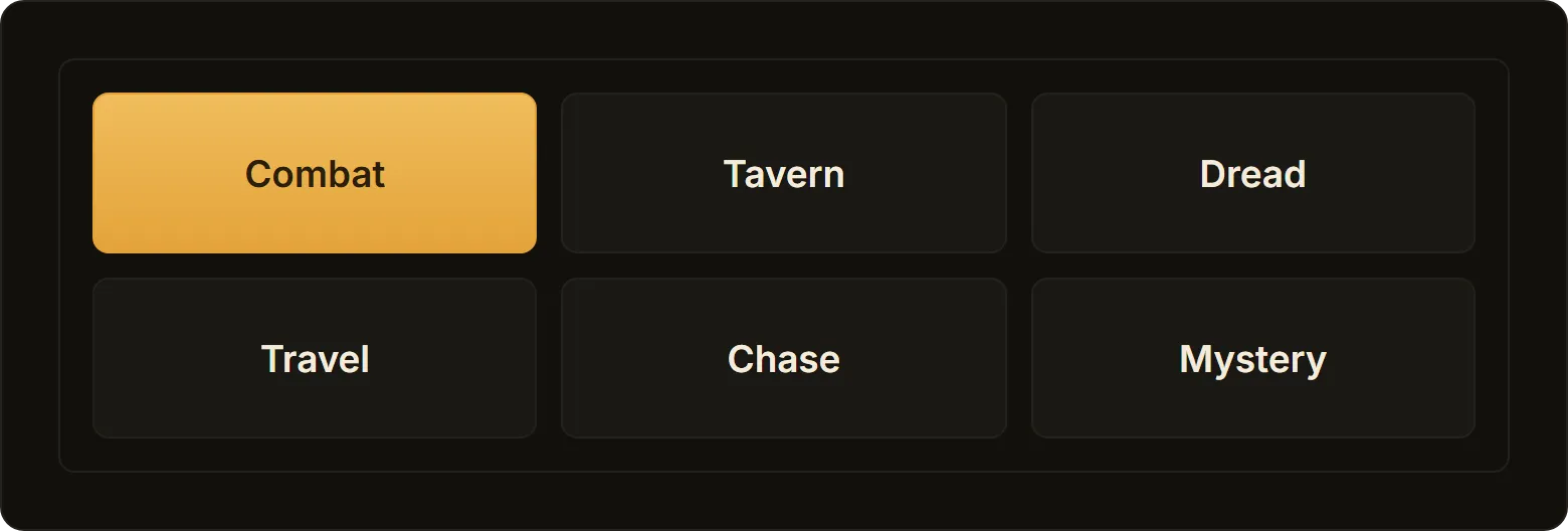 The Bardio scene buttons: Combat lit, Tavern, Dread, Travel, Chase, Mystery