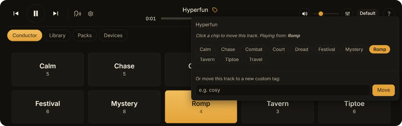 The quick-tag popover open beside the playing track, one chip per scene