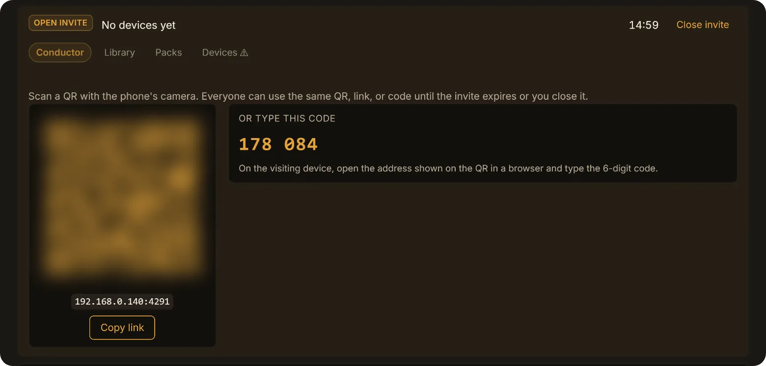The open invite card: QR code, six-digit code and the address to open