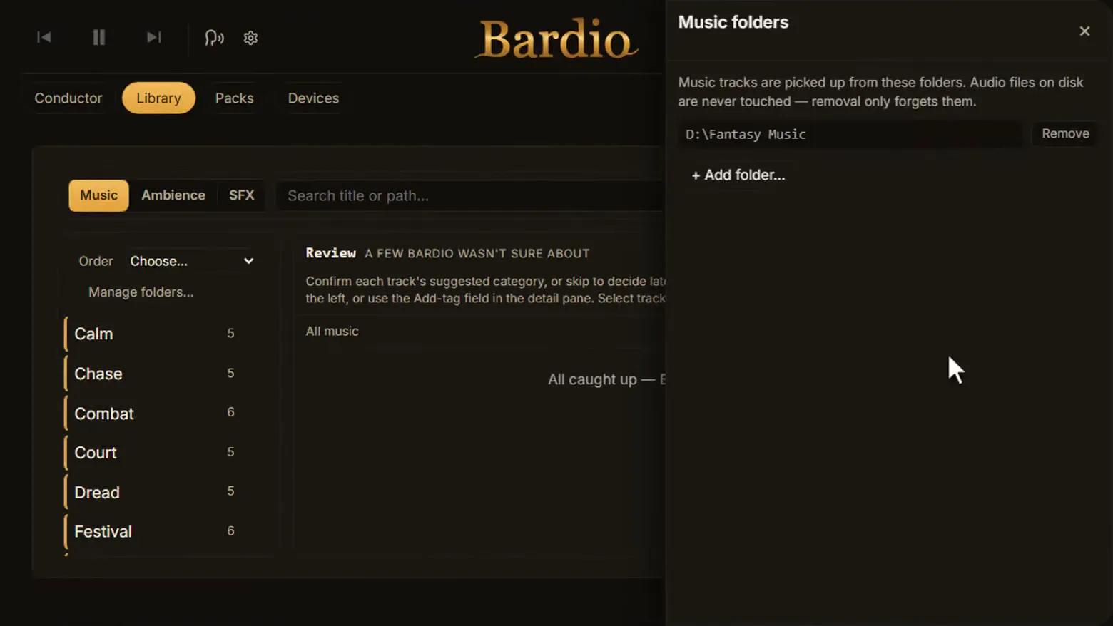 Adding a folder of music in the Library; Bardio sorts it, and its suggestions are selected and confirmed at once
