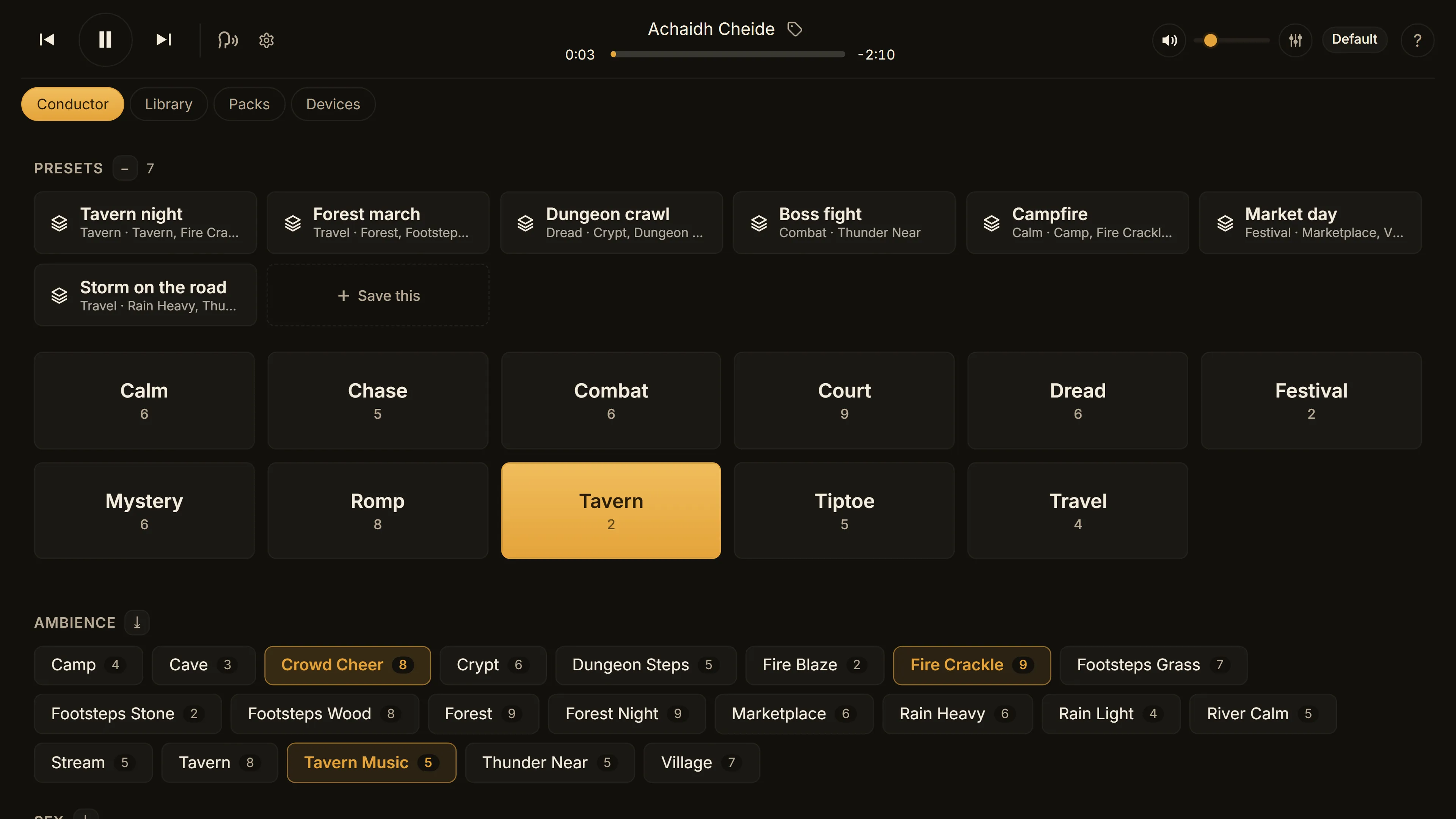 Layers and presets under a scene: Tavern, three ambience layers and the Presets row.
