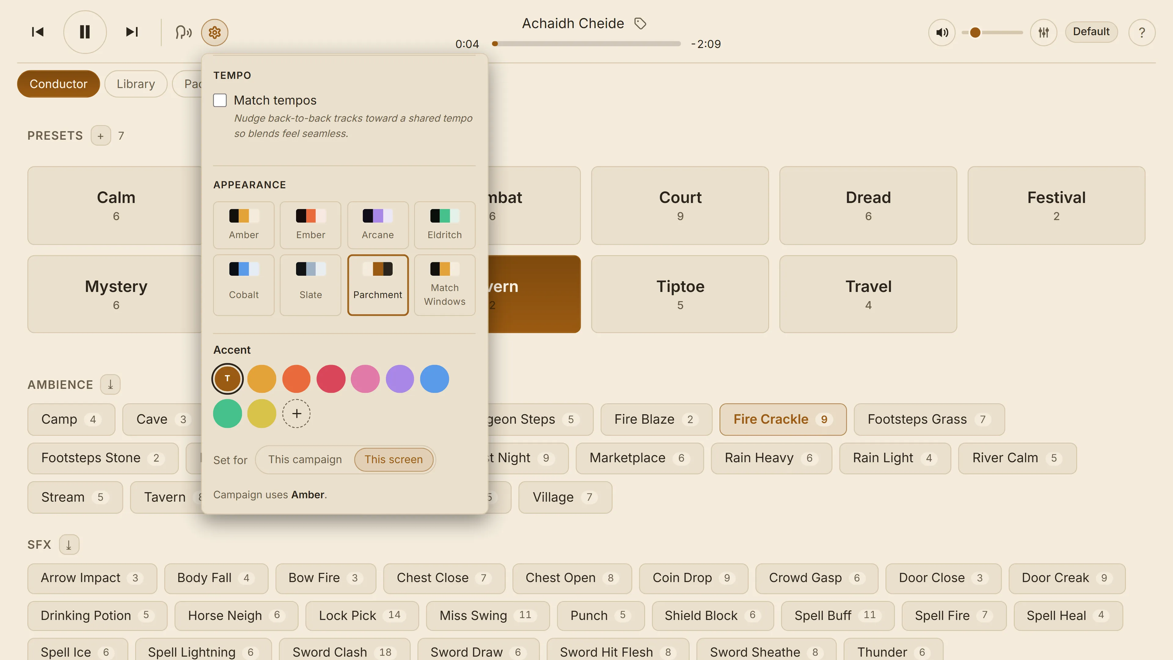Make it yours: the whole UI in Parchment, with the Appearance popover open.